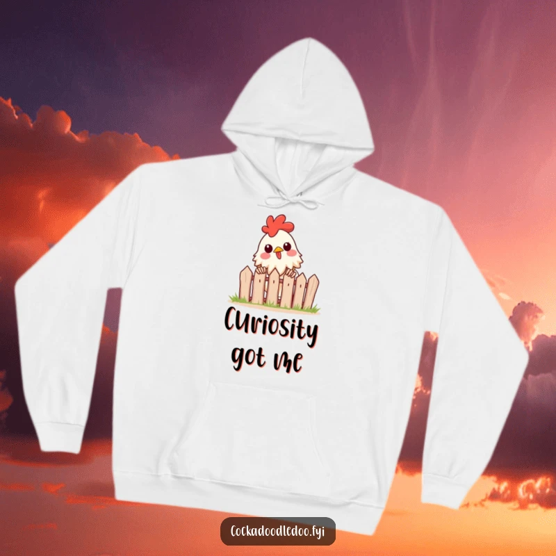 Funny hoodie showcasing an excited rooster peeking over a tiny fence, embodying a sense of wonder and playful exploration.