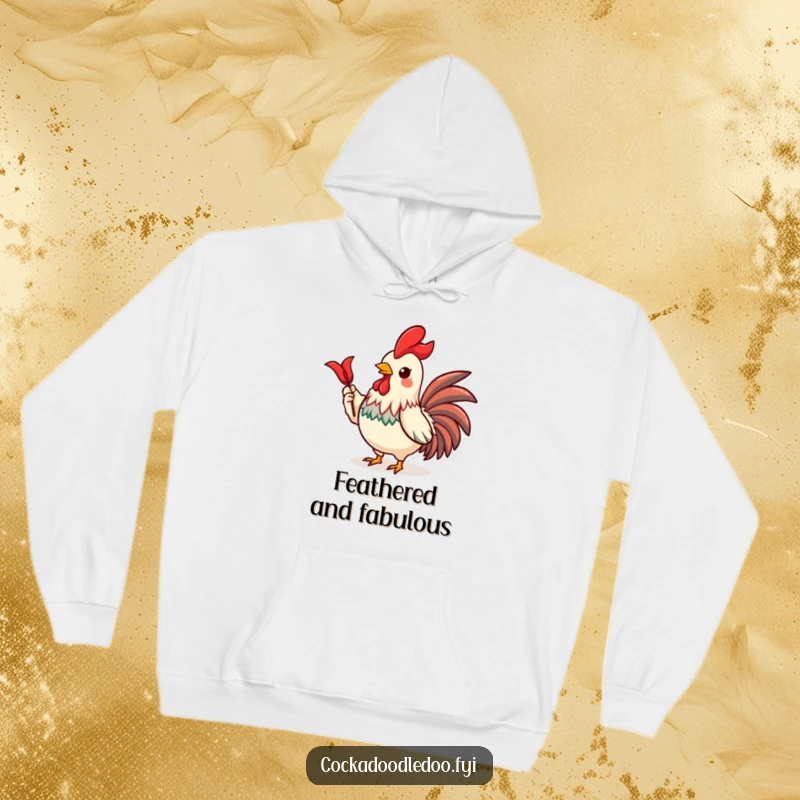 Funny hoodie featuring a proud Kawaii rooster character beaming while showing off a magnificent, shiny red feather.