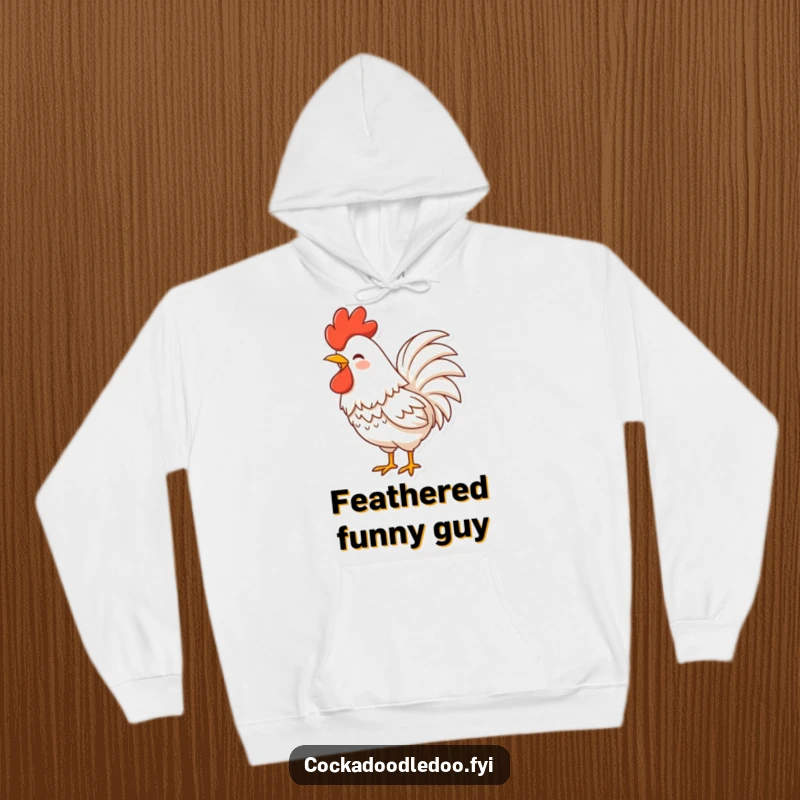 Funny Rooster Hoodie featuring a character with fluffy tail feathers shaking with laughter, offering cozy cheer and amusement.