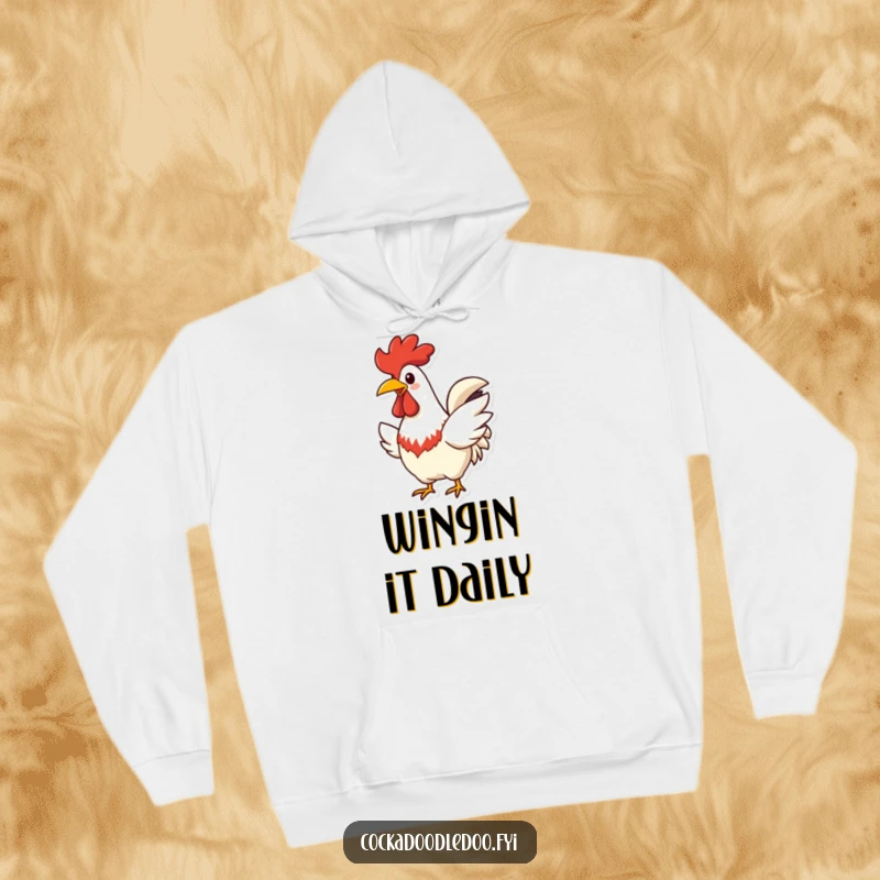 Funny Rooster Hoodie, character with cheerful beak, flapping wings happily, comfortable and humorous.