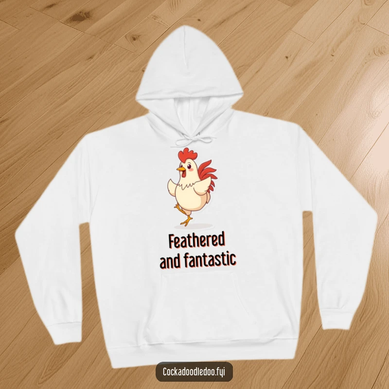 Funny hoodie illustration of a happy rooster character in mid-dance, spreading cheer and warmth with its energetic moves.