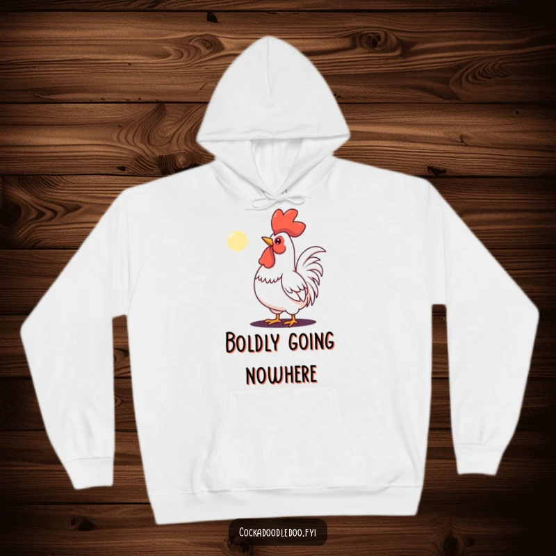 Funny hoodie depicting a determined rooster crowing intensely at a small moon, symbolizing perseverance and ambition.