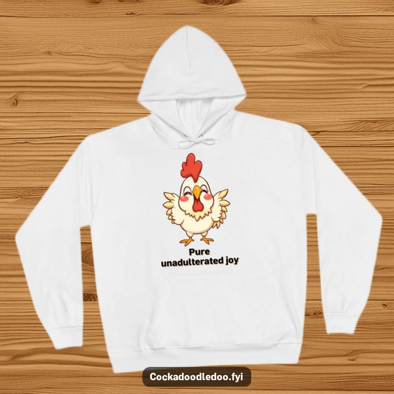 Funny hoodie featuring a stylized rooster with an exaggerated joyful expression, perfect for radiating happiness and warmth.