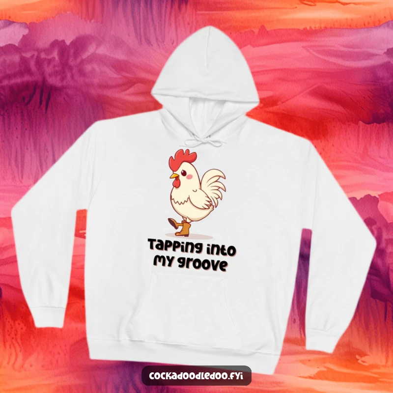 Funny Kawaii Rooster Boots Hoodie: Cute rooster in tiny boots, rhythmically tapping its foot, perfect for cozy, humorous wear with a musical flair.