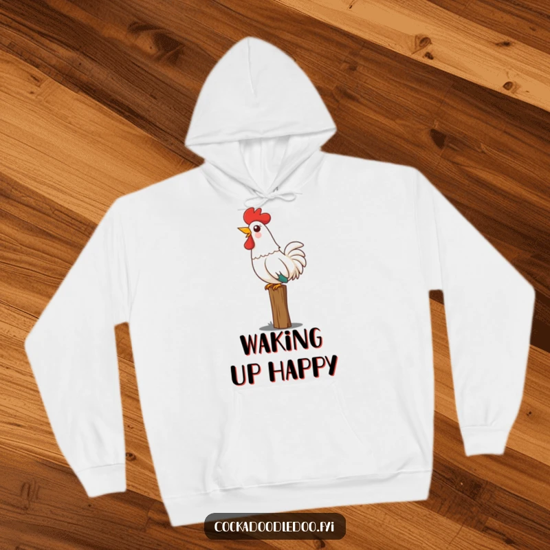 Funny Kawaii rooster hoodie featuring a cute rooster perched on a fence post, head thrown back in a joyful, loud crow.