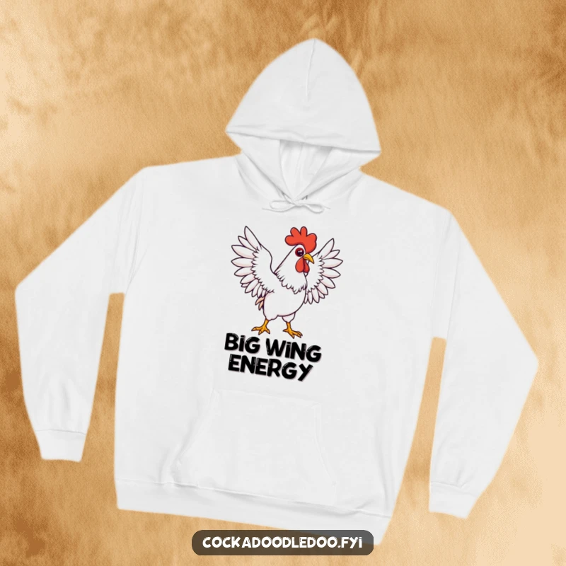 Funny Kawaii rooster hoodie featuring a determined character in a grand pose, stretching wings wide. Cozy and inspiring.