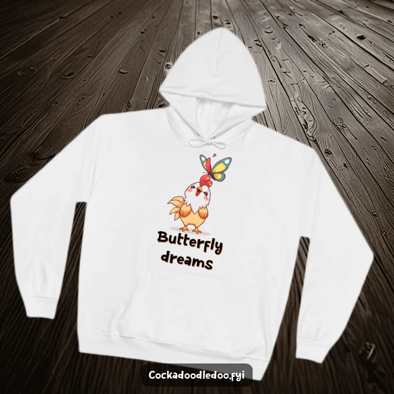 Funny Kawaii rooster hoodie featuring a giggling character gazing up at a soaring butterfly. Soft and enchanting.