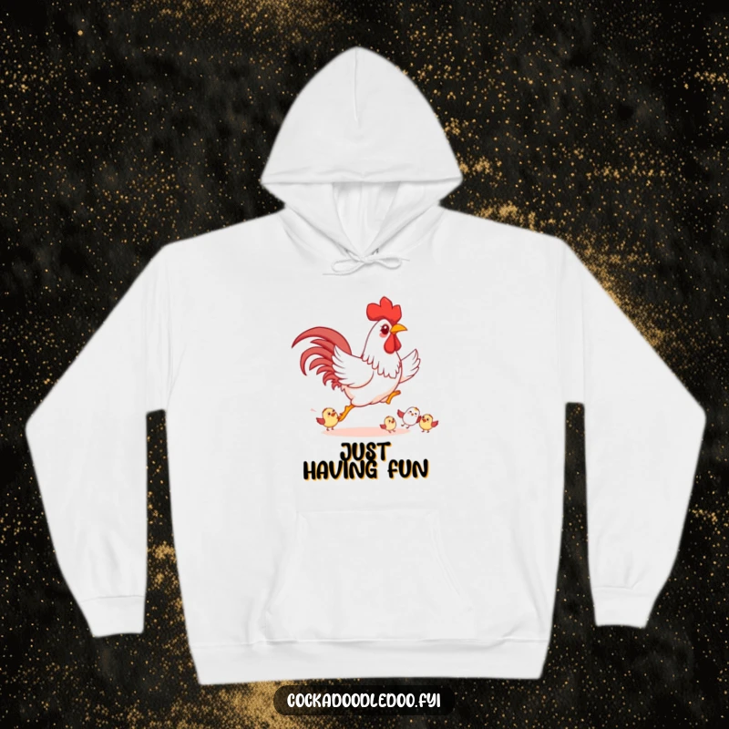 Funny Rooster Hoodie, character playfully chasing smaller cartoon birds happily, comfortable and humorous.