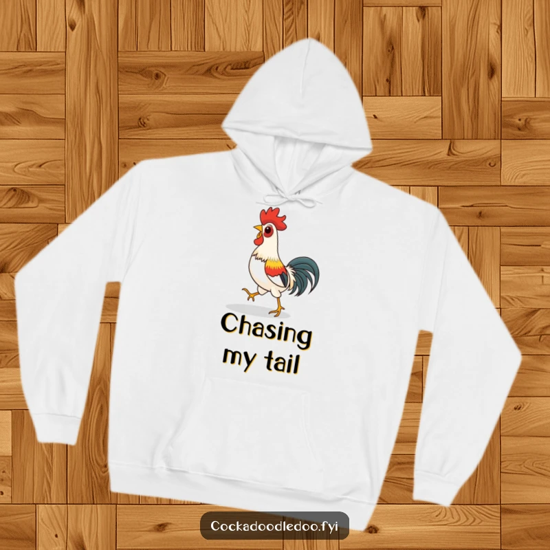 Funny hoodie print of a rooster playfully chasing its shadow, representing fun and lightheartedness for cozy wear.