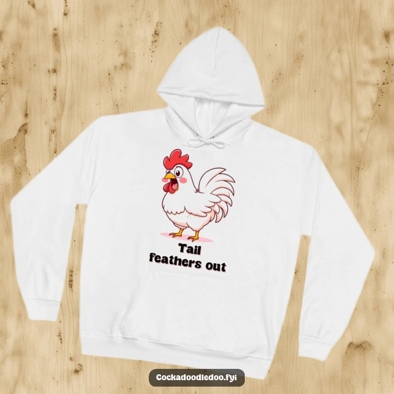 Funny Shocked Rooster Hoodie: A soft hoodie featuring a rooster exclaiming with wide eyes and shaking fluffy tail feathers.