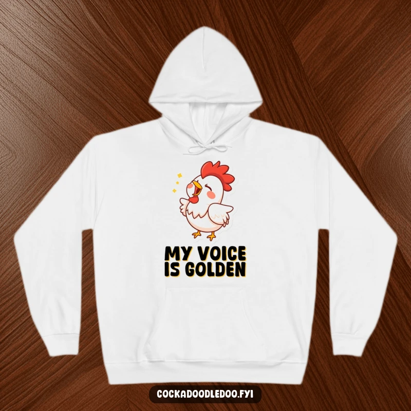 Funny hoodie depicting a blissful rooster in full song, creating a cozy and humorous atmosphere for any fan.