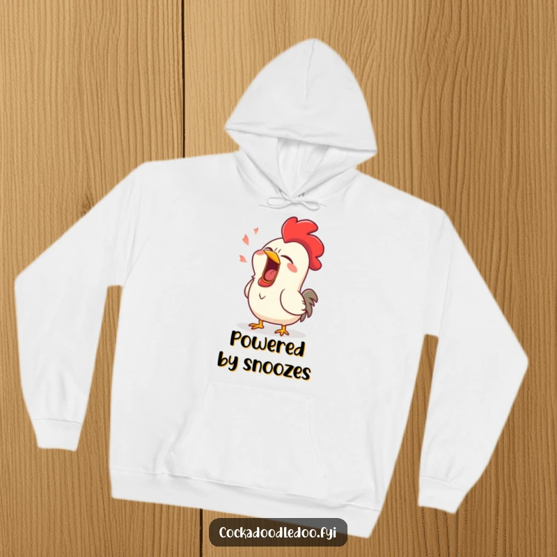 Funny hoodie featuring a deeply sleepy rooster in the middle of a giant, comical yawn, embodying pure exhaustion.
