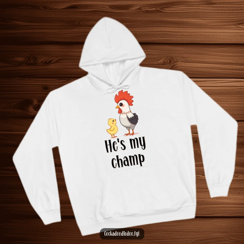 Funny rooster and chick design on a soft hoodie, symbolizing mentorship, admiration, and cozy warmth for the wearer.