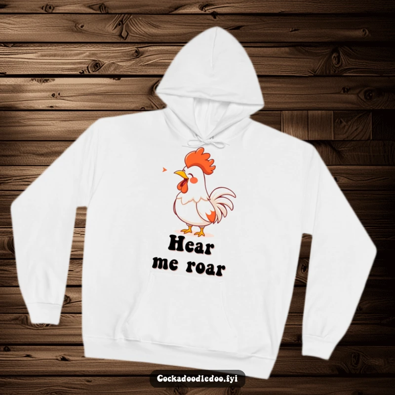 Funny Rooster Hoodie: A cartoon rooster with a golden comb, loudly singing its heart out in a humorous depiction.