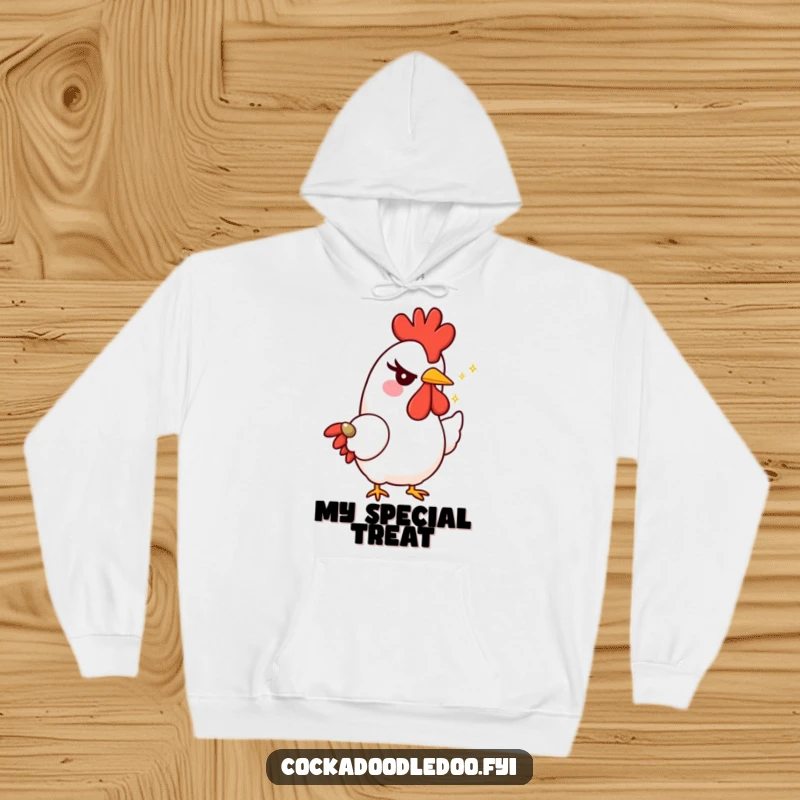 Funny rooster hoodie featuring a character with a mischievous wink, offering a tiny, sparkling seed, perfect for cozy and playful wear.