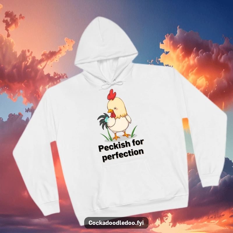 Funny playful rooster hoodie, pecking at a dewdrop on grass. Cozy and humorous apparel for nature lovers, a great funny gift.