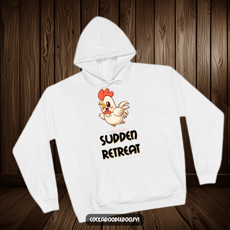 Funny Kawaii rooster hoodie featuring a startled character hopping backwards in a funny, surprised motion. Comfortable and amusing.