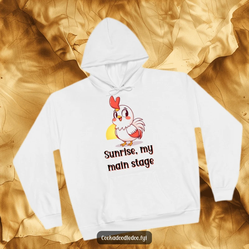Funny Hoodie depicting a rooster mesmerized by the sunrise, displaying a wide grin and awe, ideal for cozy, humorous wear.