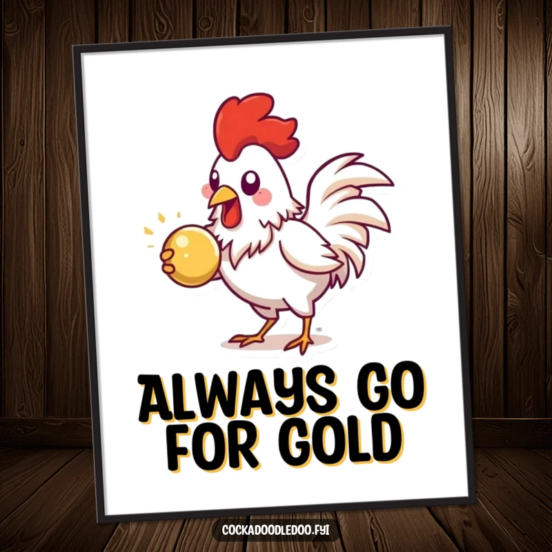 Funny Free Printable Wall Art: Energetic rooster diligently pecking at a shiny object, full of character.