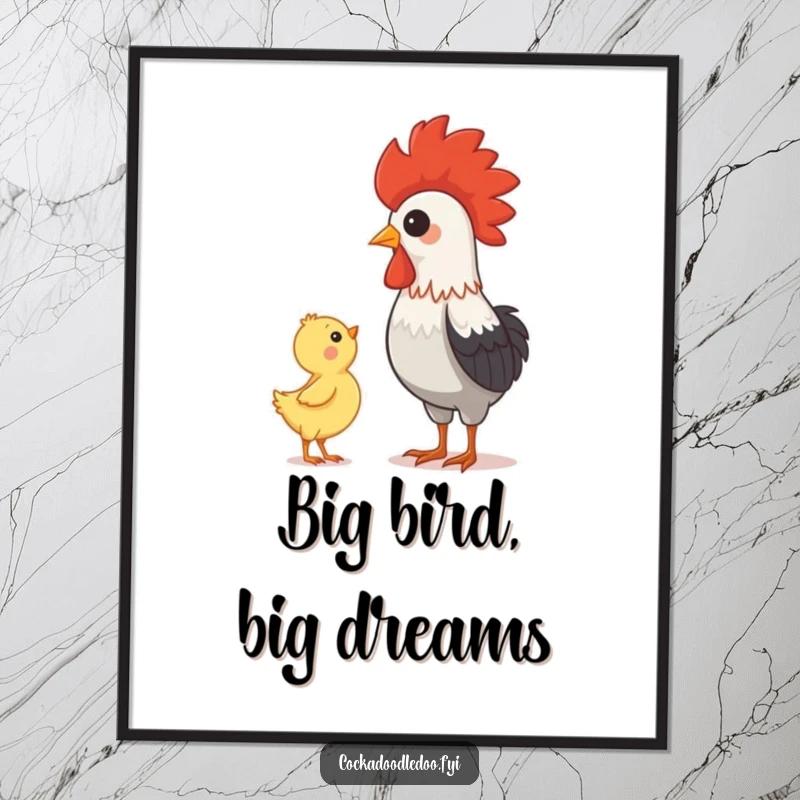Funny Free Printable Wall Art: A baby chick gazes up with admiration and awe at a proud rooster, a heartwarming scene.