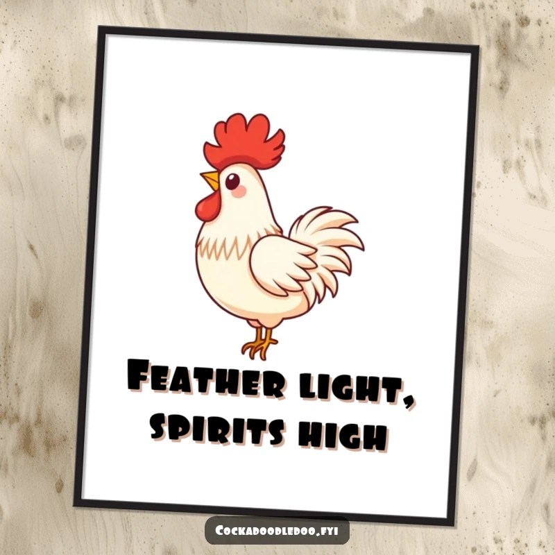 Funny Free Printable Rooster Feather Wall Art: A single proud rooster feather gracefully floats down with a playful, whimsical swirl.