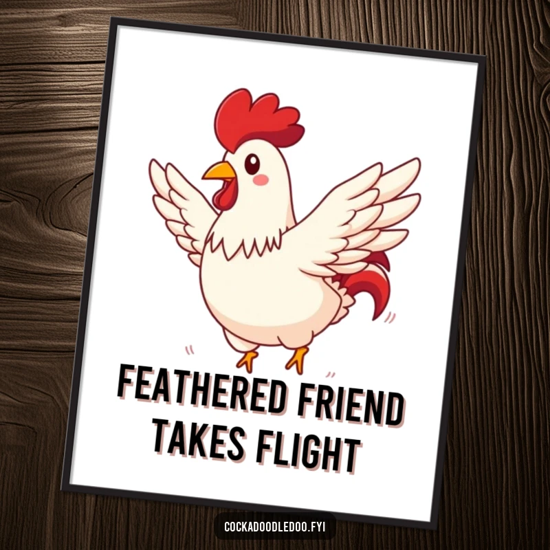 Funny Free Printable Wall Art: A rooster with wings spread wide, soaring comically through a sunny sky, adding a touch of whimsical fun!