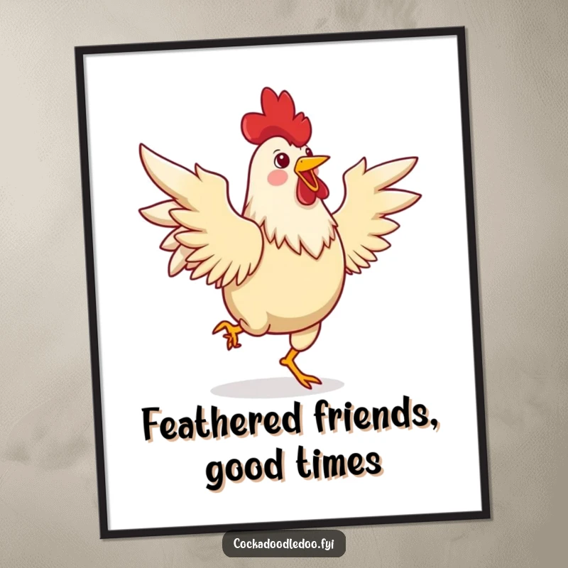 Funny Free Printable Wall Art: A joyful rooster dancing a lively jig with wings spread, perfect for energetic decor.