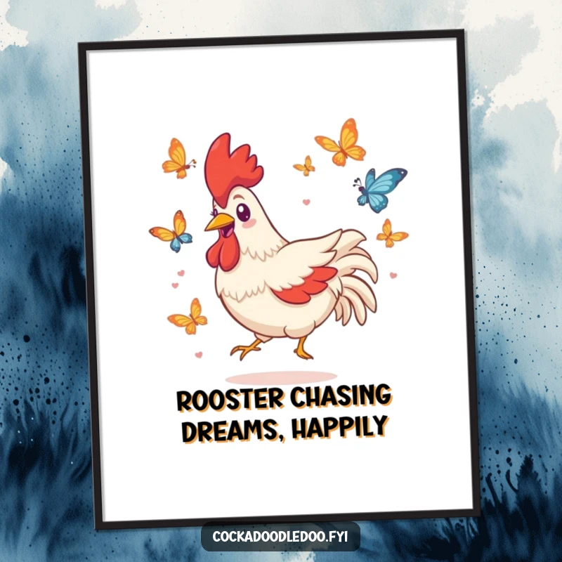 Funny Free Printable wall art showing a playful Kawaii rooster character with a huge grin chasing butterflies.