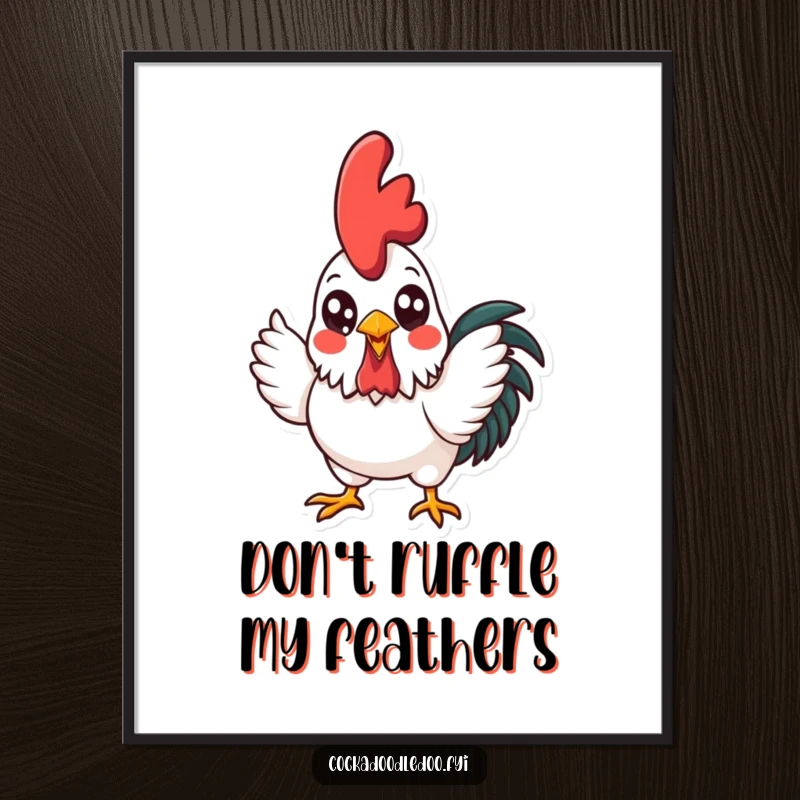 Funny Free Printable Wall Art of a kawaii rooster with bright eyes, crowing with gusto, head held high, adding cheerful decor.