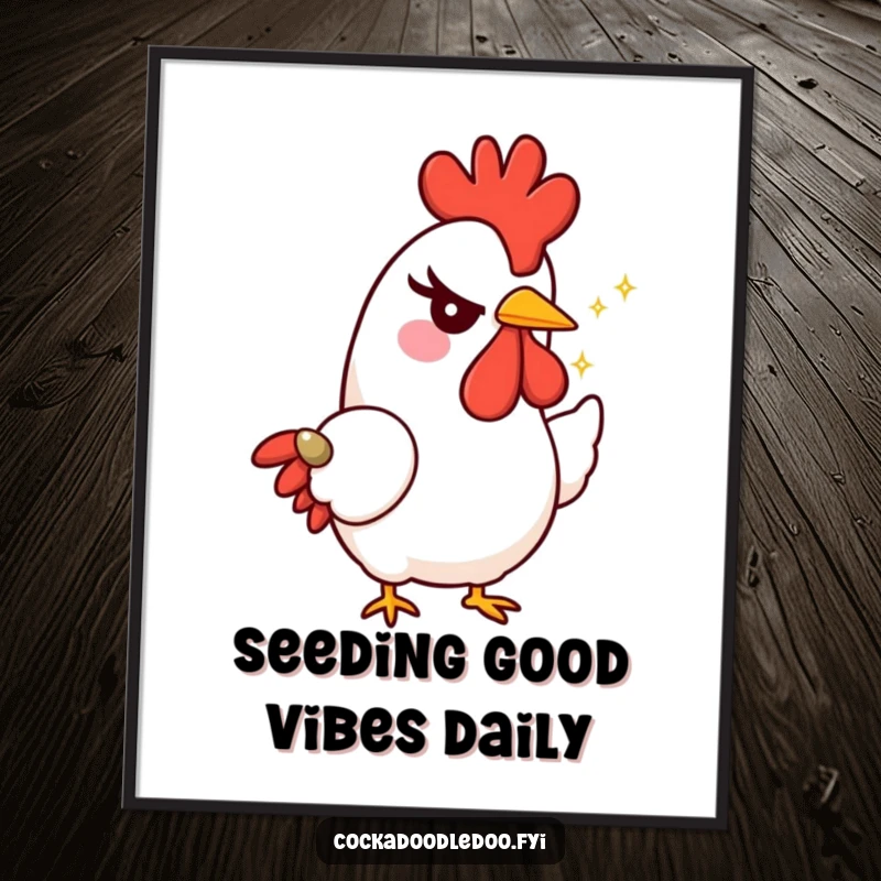 Free Printable Rooster Wall Art: A rooster with a mischievous wink offers a tiny, sparkling seed, radiating charm and playful energy.