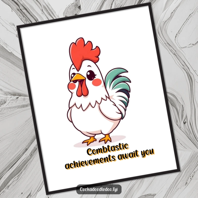 Funny Free Printable Wall Art: Kawaii rooster's comb glowing with excitement, a downloadable piece of vibrant, cheerful art.