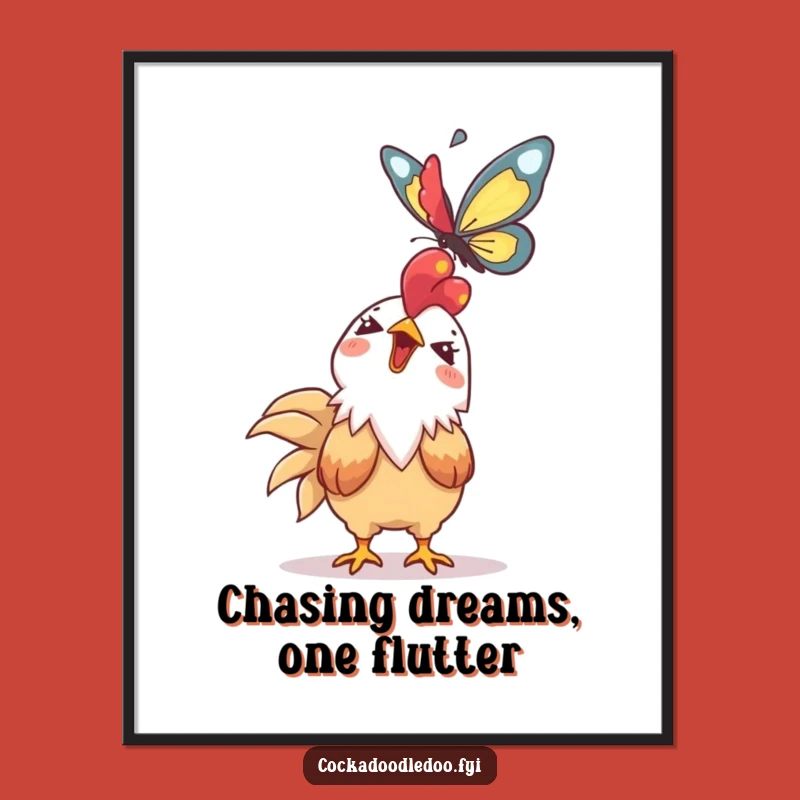 Free Printable Wall Art: Giggling Kawaii Rooster Butterfly - Funny Downloadable Art Gift