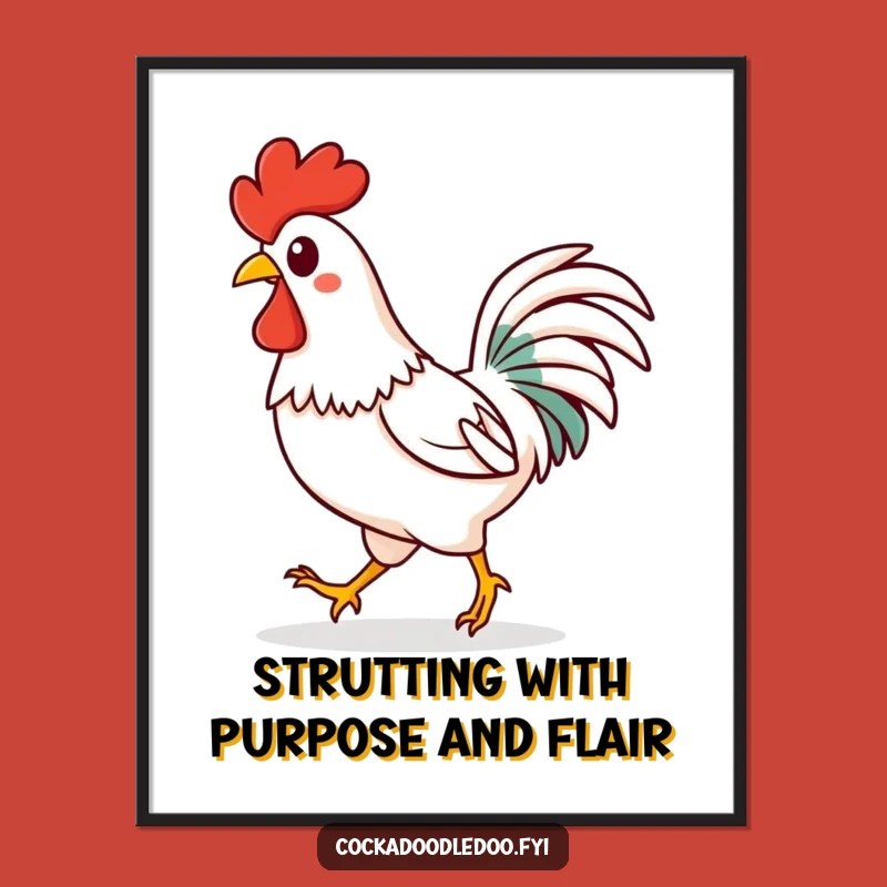 Free Printable Wall Art: Happy Kawaii Rooster Strut - Funny Downloadable Art Gift