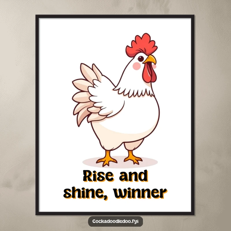 Funny Free Printable Wall Art: A kawaii rooster with puffed chest crows joyfully, creating a vibrant and happily energetic decorative piece.