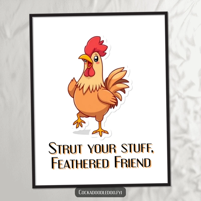 Funny Free Printable Wall Art: Kawaii rooster strutting proudly, beak wide, a downloadable piece of comedic art.