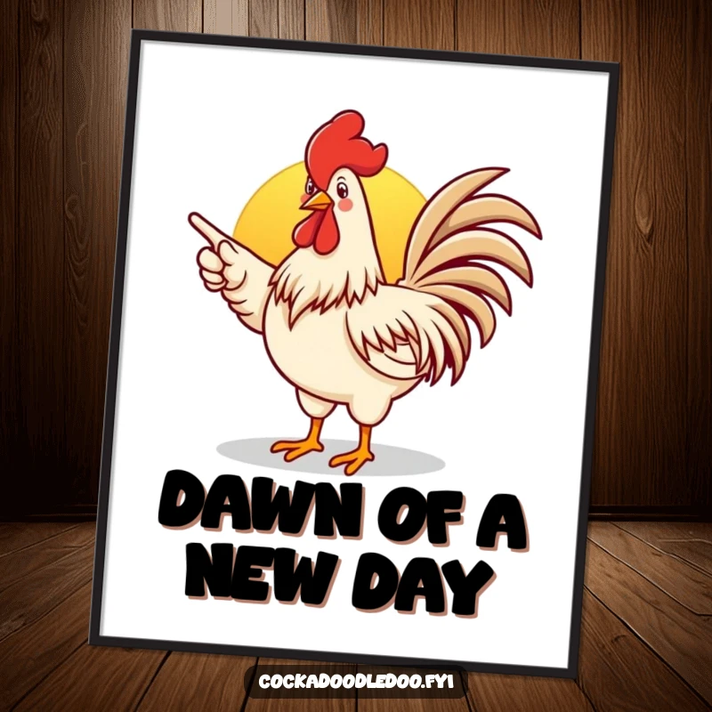 Funny Free Printable Wall Art depicting an enthusiastic rooster pointing confidently towards a beautiful, radiant sunrise.