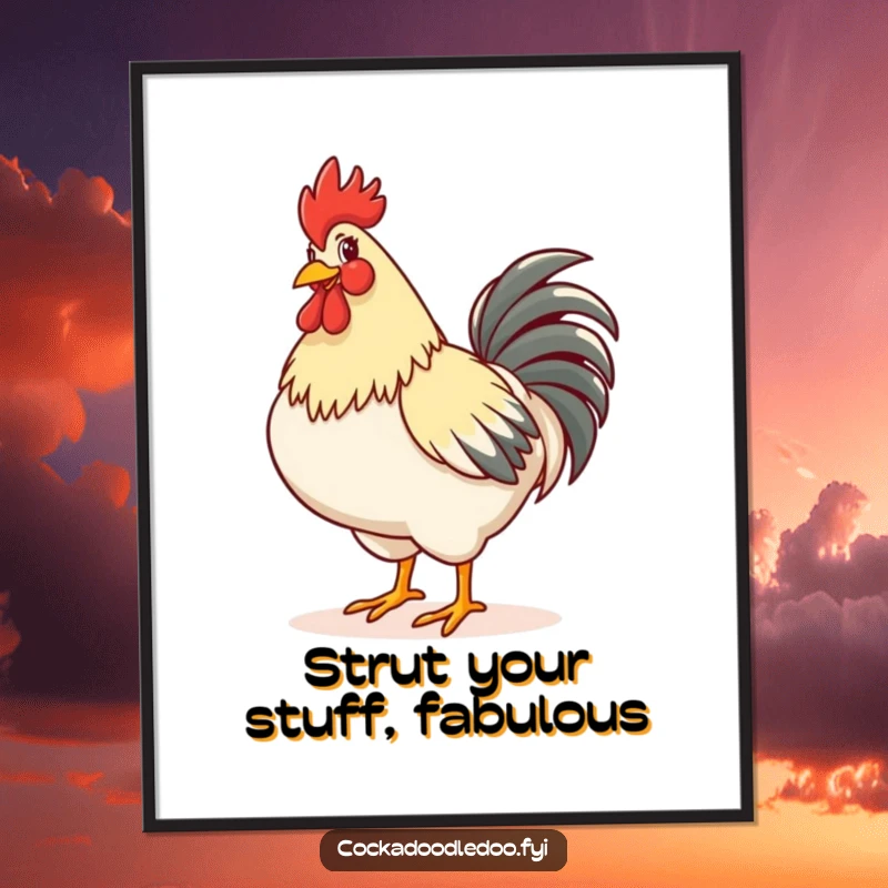 Funny Free Printable Wall Art: A happy rooster struts proudly, chest puffed out. Confident, downloadable decor.