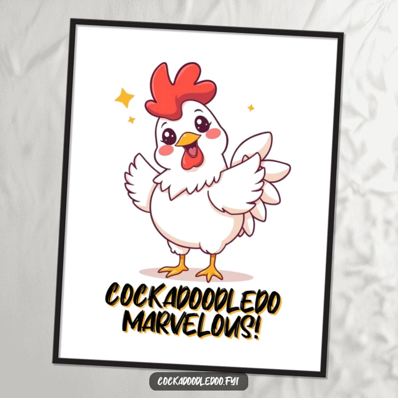 Funny Free Printable Rooster Wall Art: A rooster with a wide grin and sparkling eyes in a joyful celebratory flutter.