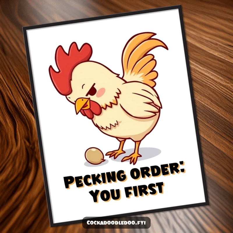 Funny Free Printable Rooster Wall Art: A small, determined rooster with intense focus pecking a tiny seed.