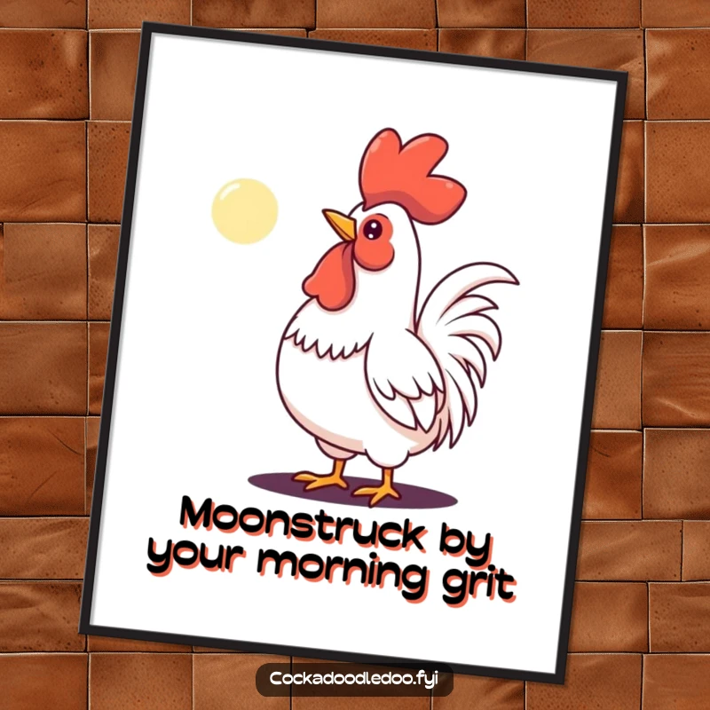Funny Free Printable Wall Art: A rooster triumphantly crowing at a small moon, its determined gaze fixed on the night sky.