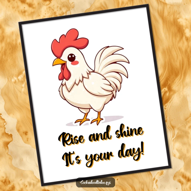 Funny Free Printable Wall Art: Vibrant Kawaii rooster energetically crowing with puffed chest, a loud and cheerful statement piece.