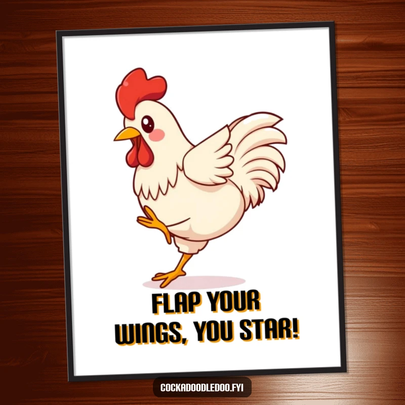 Funny Free Printable Wall Art: Kawaii rooster kicking its tiny legs high, full of exuberant energy and cartoonish charm.