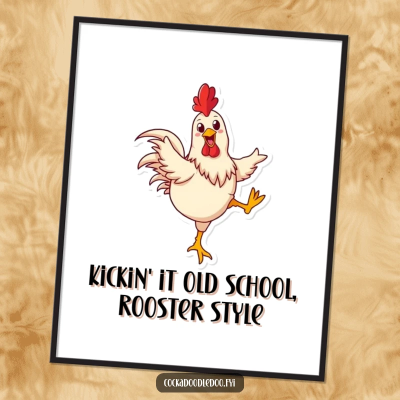 Funny Free Printable Wall Art: A happy rooster joyfully kicking its legs, dancing with infectious energy, adding life to the wall!