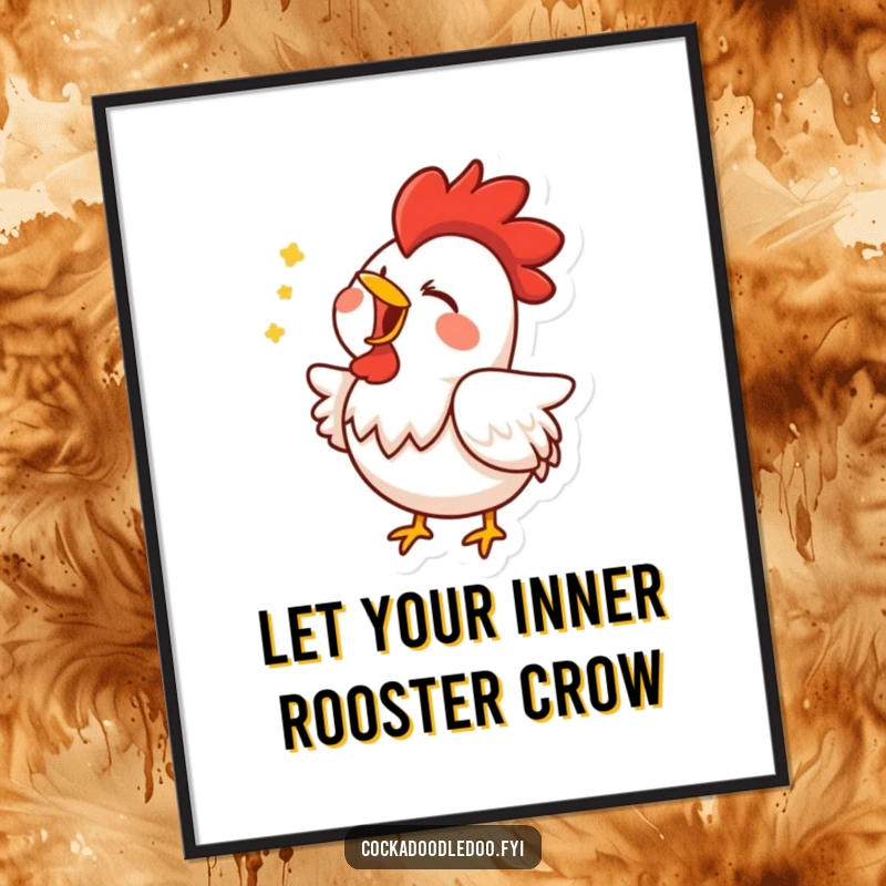 Funny Free Printable Wall Art: Rooster character in mid-song with eyes closed, bringing cheerful vibes to a space.