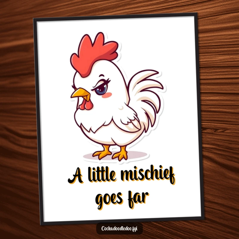 Free Printable Wall Art featuring a kawaii rooster with a definite mischievous glint in its eye, hinting at playful fun.