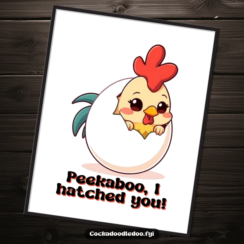 Funny Free Printable Wall Art: Shy Rooster Lovably Peeking from Behind a Comical, Oversized Egg