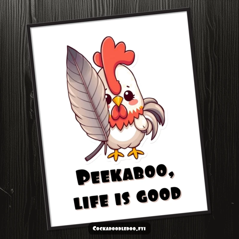 Free Printable Wall Art featuring a cute kawaii rooster shyly peeking out from behind a large, soft feather. Gentle and sweet.