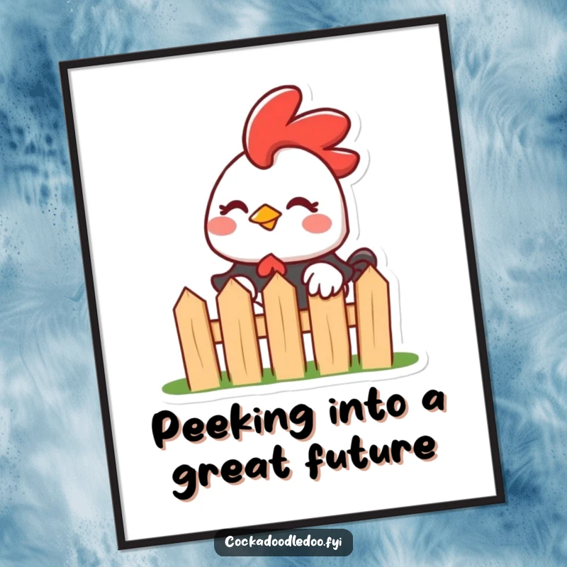 Funny Free Printable Wall Art: Mischievous Kawaii rooster peeking over a tiny fence with a playful wink, adding a cheeky vibe.