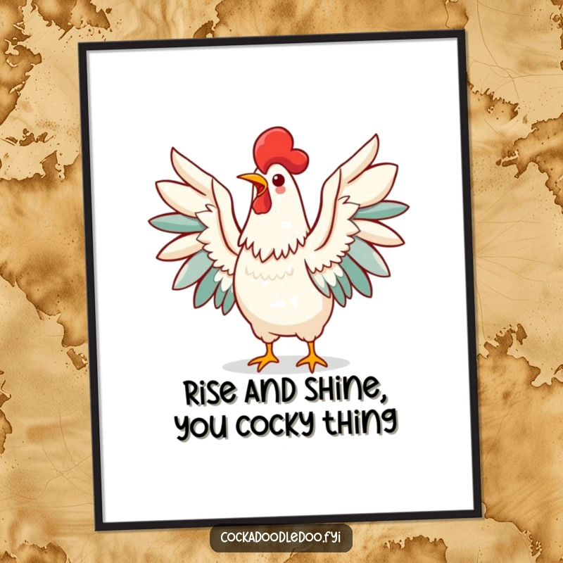 Funny Free Printable Wall Art: Kawaii rooster wings spread wide, making a loud, triumphant morning call in vibrant colors.