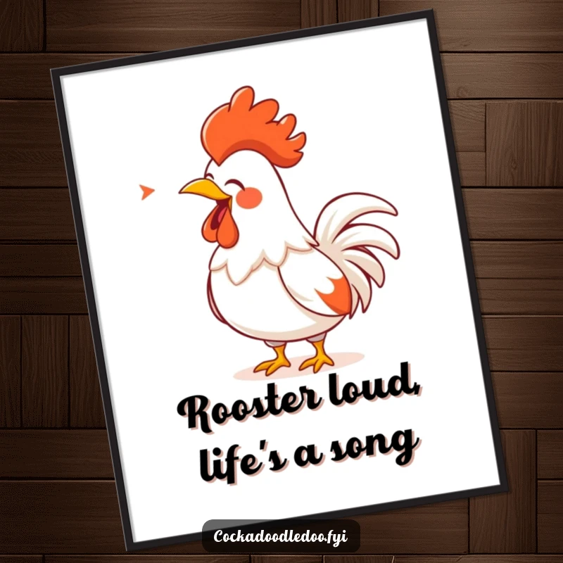 Funny Free Printable Wall Art: A cartoon rooster with a golden comb loudly belting out a song, bringing a cheerful, loud energy.